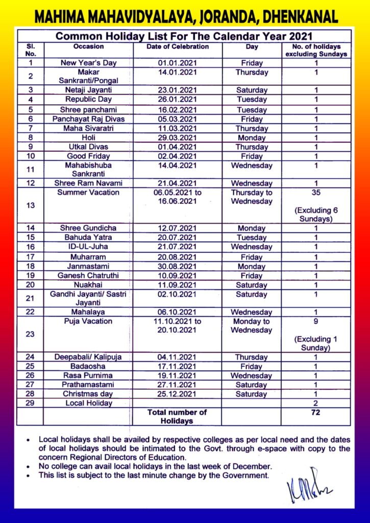 Holiday List – Mahima Mahavidyalaya